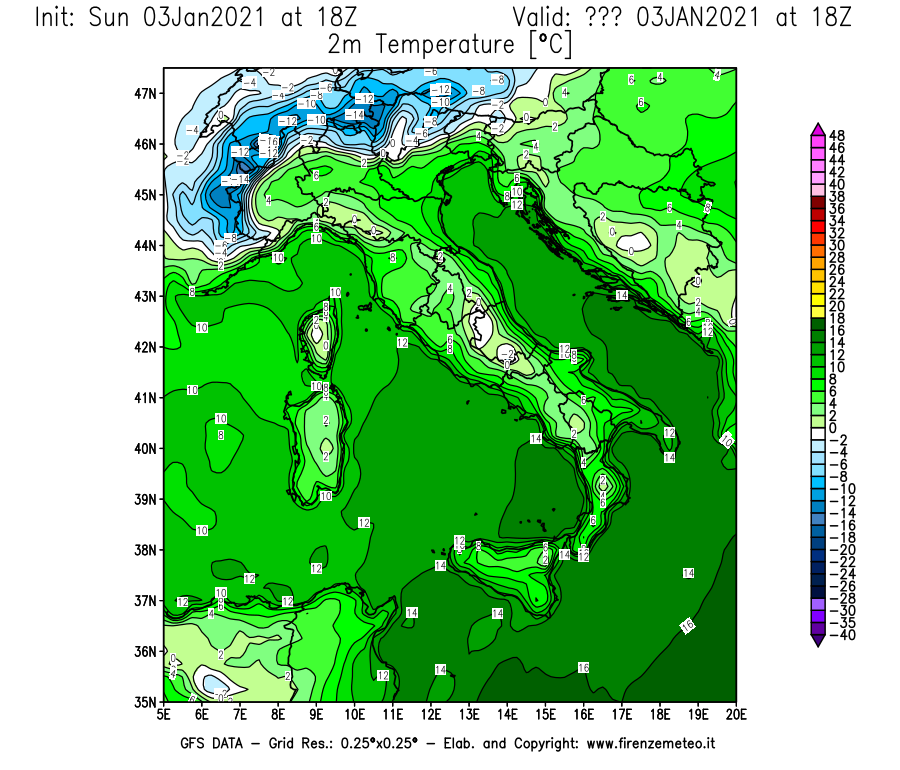 Mappa di analisi GFS - Temperatura a 2 metri dal suolo [°C] in Italia
									del 03/01/2021 18 <!--googleoff: index-->UTC<!--googleon: index-->
