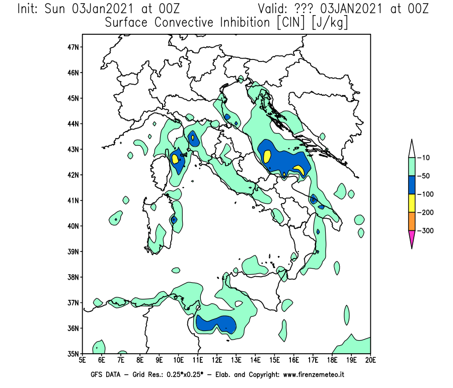 Mappa di analisi GFS - CIN [J/kg] in Italia
									del 03/01/2021 00 <!--googleoff: index-->UTC<!--googleon: index-->
