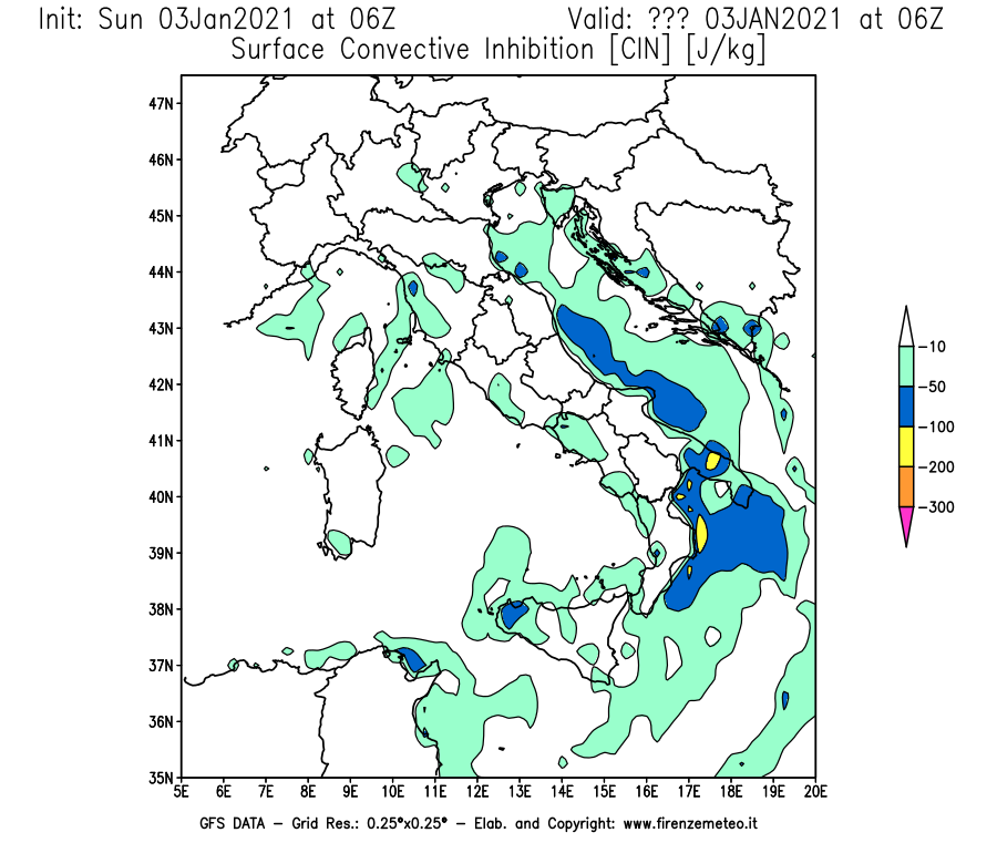 Mappa di analisi GFS - CIN [J/kg] in Italia
							del 03/01/2021 06 <!--googleoff: index-->UTC<!--googleon: index-->