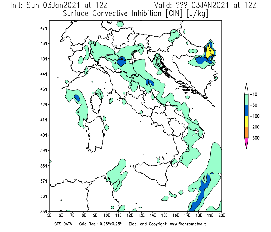 Mappa di analisi GFS - CIN [J/kg] in Italia
							del 03/01/2021 12 <!--googleoff: index-->UTC<!--googleon: index-->