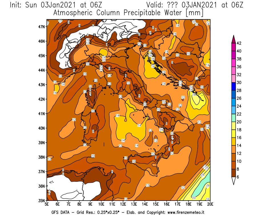 Mappa di analisi GFS - Precipitable Water [mm] in Italia
							del 03/01/2021 06 <!--googleoff: index-->UTC<!--googleon: index-->