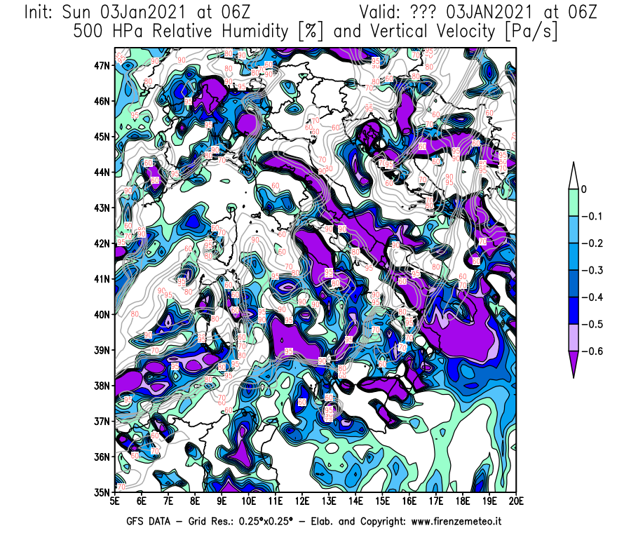 Mappa di analisi GFS - Umidità relativa [%] e Omega [Pa/s] a 500 hPa in Italia
									del 03/01/2021 06 <!--googleoff: index-->UTC<!--googleon: index-->