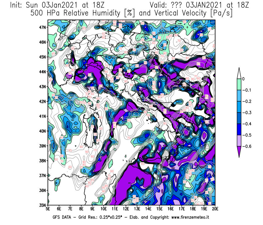 Mappa di analisi GFS - Umidità relativa [%] e Omega [Pa/s] a 500 hPa in Italia
									del 03/01/2021 18 <!--googleoff: index-->UTC<!--googleon: index-->