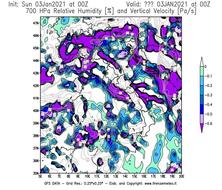 Mappa di analisi GFS - Umidità relativa [%] e Omega [Pa/s] a 700 hPa in Italia
									del 03/01/2021 00 <!--googleoff: index-->UTC<!--googleon: index-->
