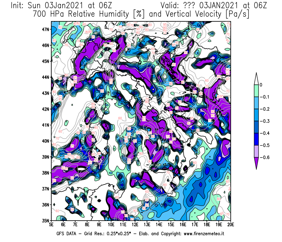 Mappa di analisi GFS - Umidità relativa [%] e Omega [Pa/s] a 700 hPa in Italia
									del 03/01/2021 06 <!--googleoff: index-->UTC<!--googleon: index-->