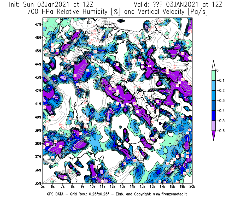 Mappa di analisi GFS - Umidità relativa [%] e Omega [Pa/s] a 700 hPa in Italia
							del 03/01/2021 12 <!--googleoff: index-->UTC<!--googleon: index-->