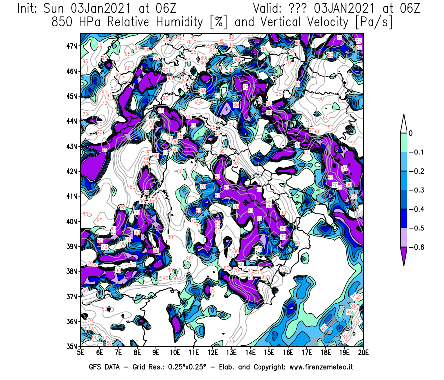 Mappa di analisi GFS - Umidità relativa [%] e Omega [Pa/s] a 850 hPa in Italia
							del 03/01/2021 06 <!--googleoff: index-->UTC<!--googleon: index-->