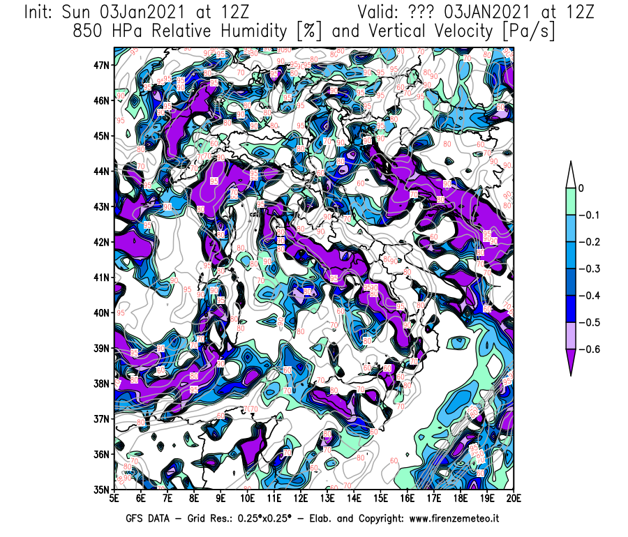 Mappa di analisi GFS - Umidità relativa [%] e Omega [Pa/s] a 850 hPa in Italia
									del 03/01/2021 12 <!--googleoff: index-->UTC<!--googleon: index-->