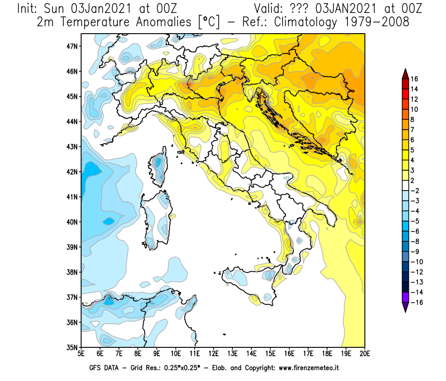 Mappa di analisi GFS - Anomalia Temperatura [°C] a 2 m in Italia
							del 03/01/2021 00 <!--googleoff: index-->UTC<!--googleon: index-->