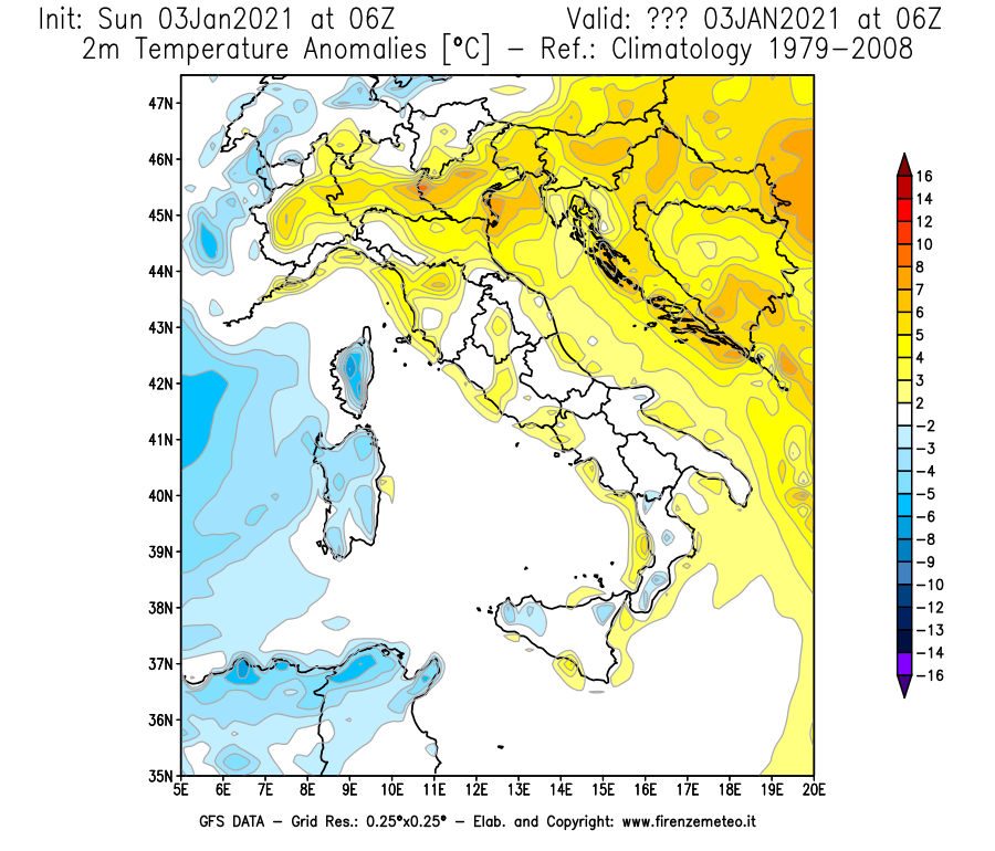 Mappa di analisi GFS - Anomalia Temperatura [°C] a 2 m in Italia
									del 03/01/2021 06 <!--googleoff: index-->UTC<!--googleon: index-->