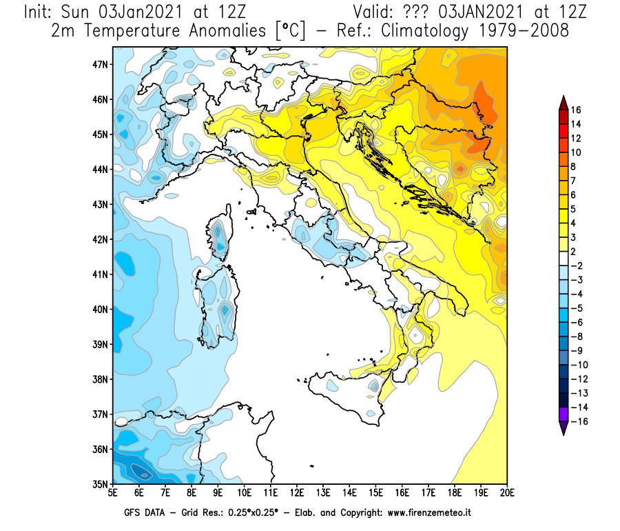 Mappa di analisi GFS - Anomalia Temperatura [°C] a 2 m in Italia
							del 03/01/2021 12 <!--googleoff: index-->UTC<!--googleon: index-->