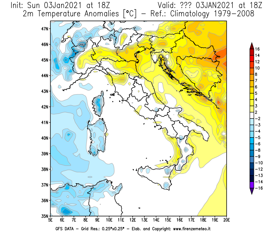 Mappa di analisi GFS - Anomalia Temperatura [°C] a 2 m in Italia
							del 03/01/2021 18 <!--googleoff: index-->UTC<!--googleon: index-->