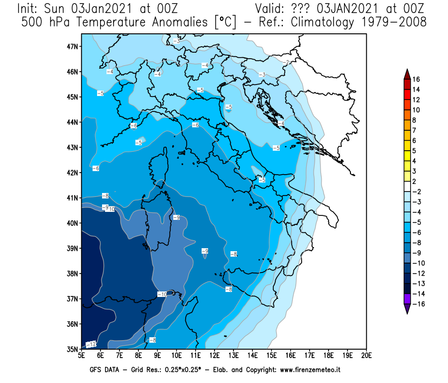 Mappa di analisi GFS - Anomalia Temperatura [°C] a 500 hPa in Italia
							del 03/01/2021 00 <!--googleoff: index-->UTC<!--googleon: index-->