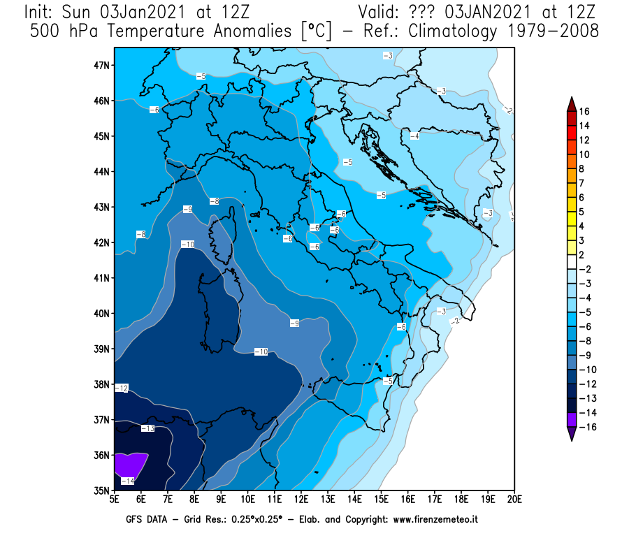 Mappa di analisi GFS - Anomalia Temperatura [°C] a 500 hPa in Italia
							del 03/01/2021 12 <!--googleoff: index-->UTC<!--googleon: index-->