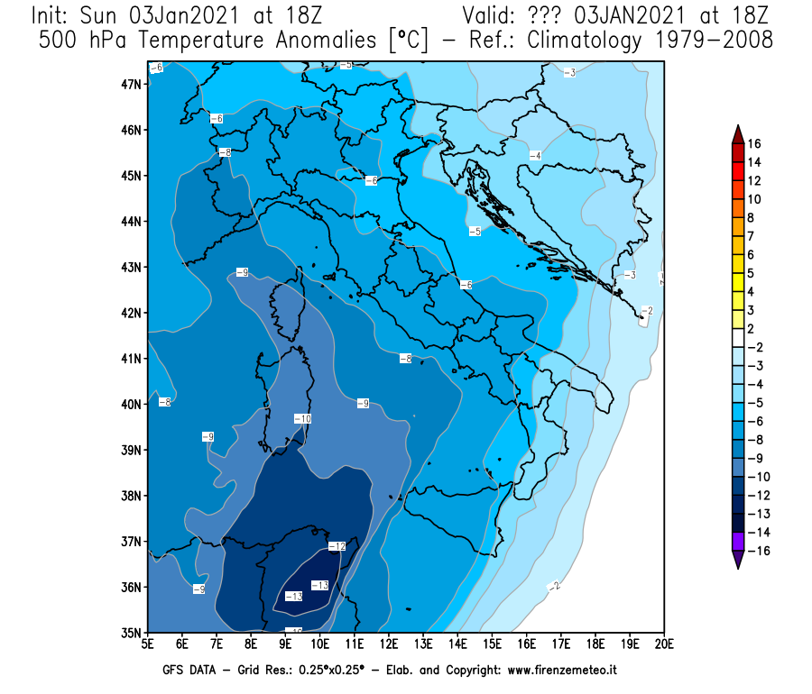 Mappa di analisi GFS - Anomalia Temperatura [°C] a 500 hPa in Italia
							del 03/01/2021 18 <!--googleoff: index-->UTC<!--googleon: index-->