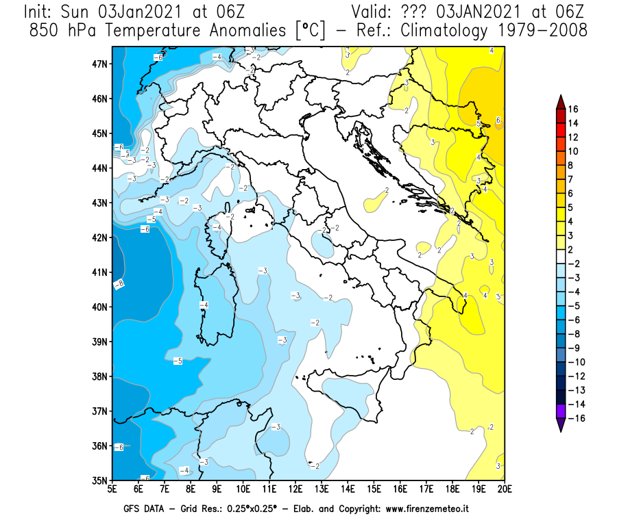 Mappa di analisi GFS - Anomalia Temperatura [°C] a 850 hPa in Italia
							del 03/01/2021 06 <!--googleoff: index-->UTC<!--googleon: index-->