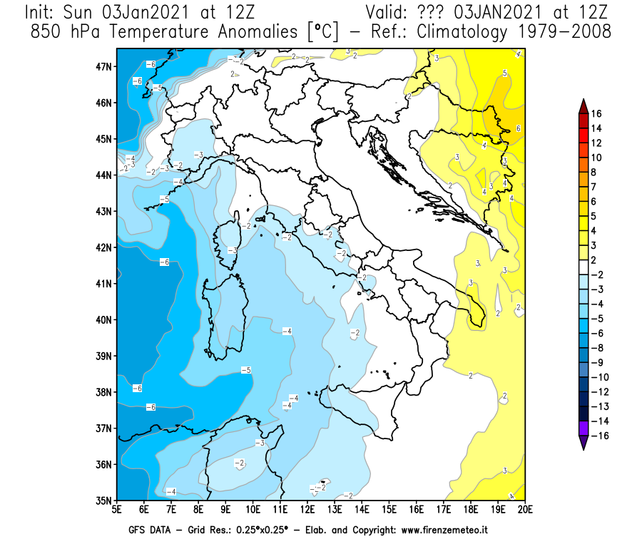 Mappa di analisi GFS - Anomalia Temperatura [°C] a 850 hPa in Italia
							del 03/01/2021 12 <!--googleoff: index-->UTC<!--googleon: index-->