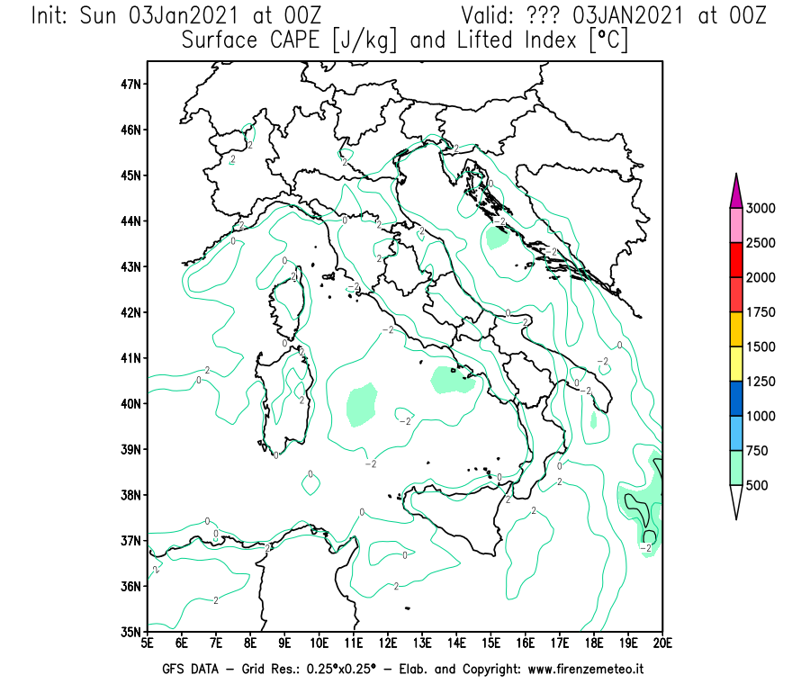 Mappa di analisi GFS - CAPE [J/kg] e Lifted Index [°C] in Italia
									del 03/01/2021 00 <!--googleoff: index-->UTC<!--googleon: index-->
