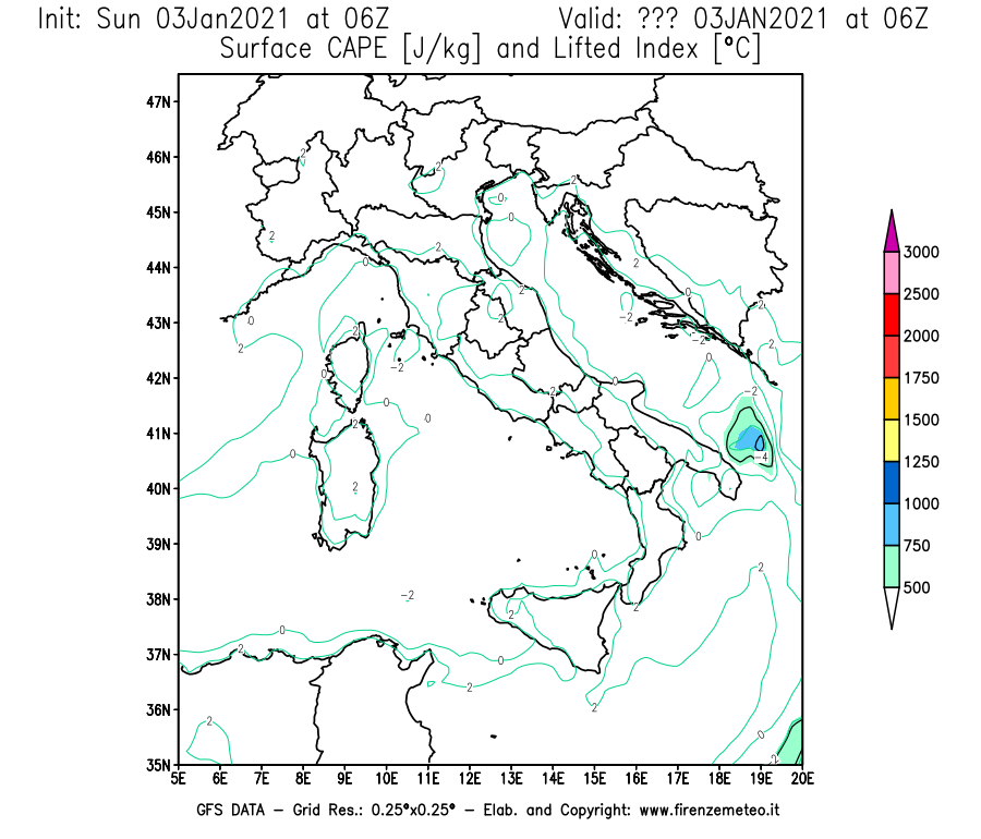Mappa di analisi GFS - CAPE [J/kg] e Lifted Index [°C] in Italia
									del 03/01/2021 06 <!--googleoff: index-->UTC<!--googleon: index-->