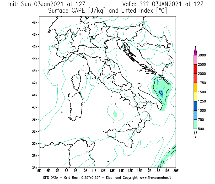 Mappa di analisi GFS - CAPE [J/kg] e Lifted Index [°C] in Italia
									del 03/01/2021 12 <!--googleoff: index-->UTC<!--googleon: index-->