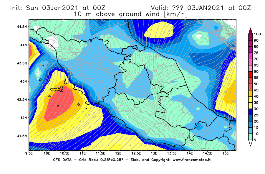 Mappa di analisi GFS - Velocità del vento a 10 metri dal suolo [km/h] in Centro-Italia
									del 03/01/2021 00 <!--googleoff: index-->UTC<!--googleon: index-->