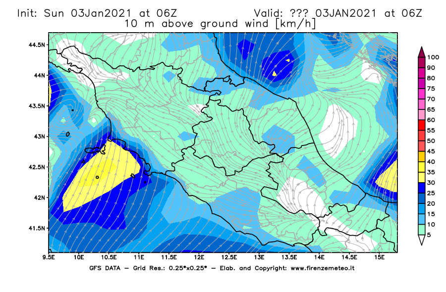 Mappa di analisi GFS - Velocità del vento a 10 metri dal suolo [km/h] in Centro-Italia
							del 03/01/2021 06 <!--googleoff: index-->UTC<!--googleon: index-->
