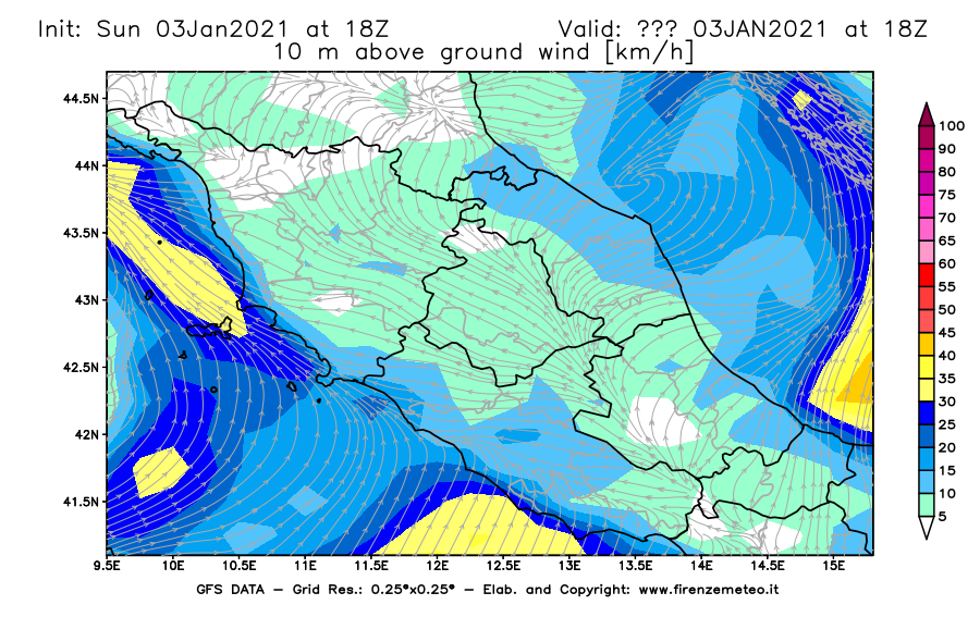 Mappa di analisi GFS - Velocità del vento a 10 metri dal suolo [km/h] in Centro-Italia
							del 03/01/2021 18 <!--googleoff: index-->UTC<!--googleon: index-->