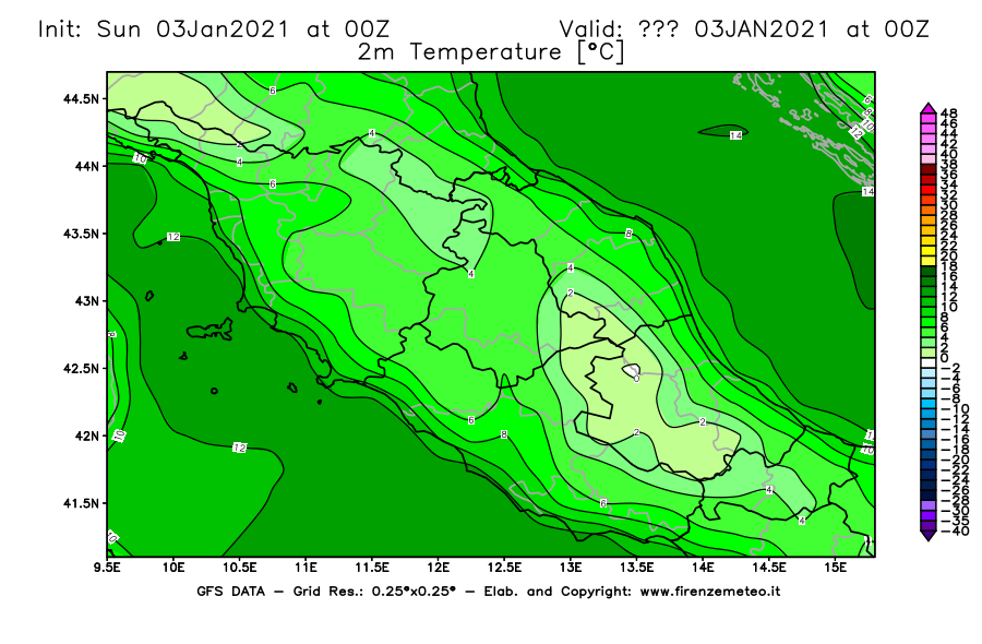 Mappa di analisi GFS - Temperatura a 2 metri dal suolo [°C] in Centro-Italia
							del 03/01/2021 00 <!--googleoff: index-->UTC<!--googleon: index-->
