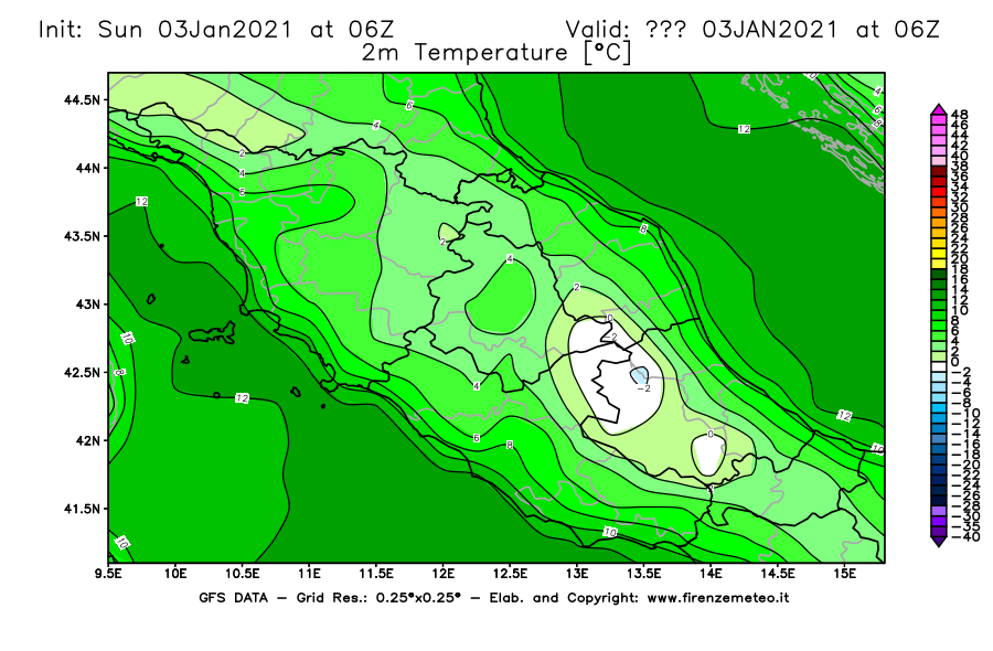 Mappa di analisi GFS - Temperatura a 2 metri dal suolo [°C] in Centro-Italia
									del 03/01/2021 06 <!--googleoff: index-->UTC<!--googleon: index-->