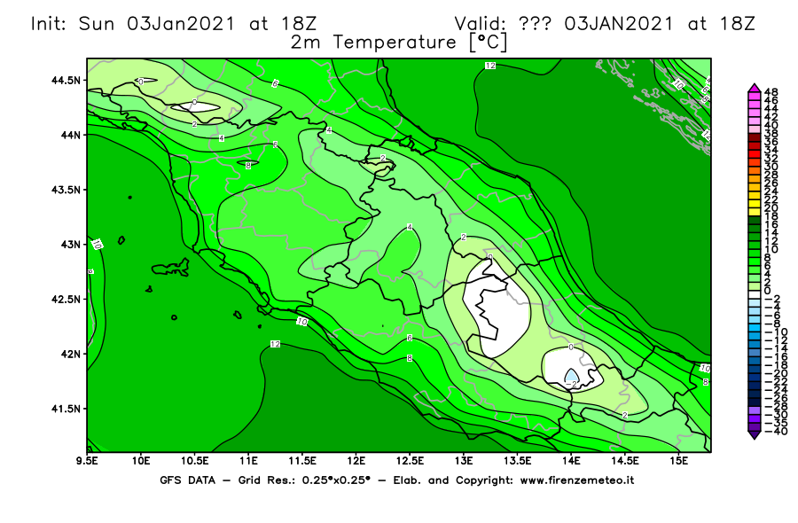 Mappa di analisi GFS - Temperatura a 2 metri dal suolo [°C] in Centro-Italia
							del 03/01/2021 18 <!--googleoff: index-->UTC<!--googleon: index-->
