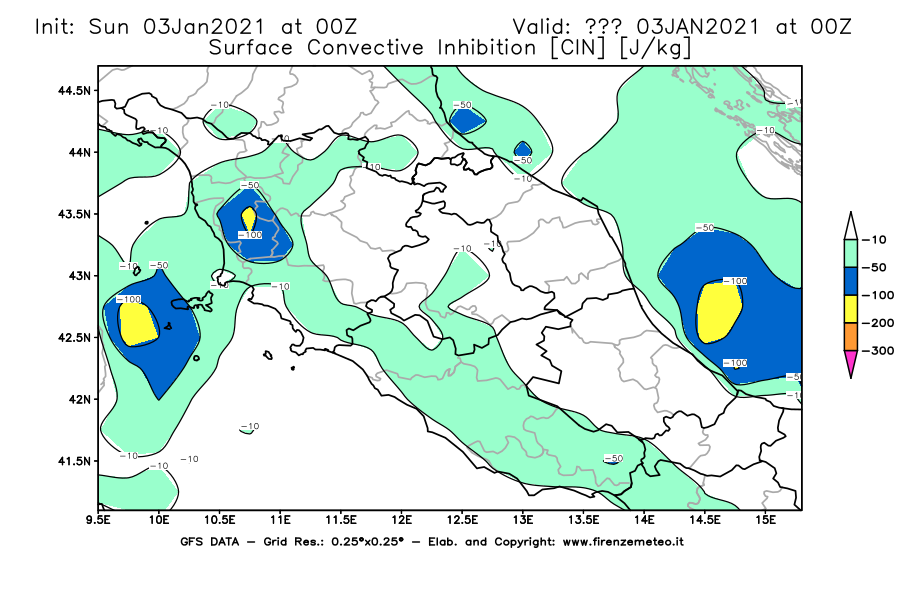 Mappa di analisi GFS - CIN [J/kg] in Centro-Italia
									del 03/01/2021 00 <!--googleoff: index-->UTC<!--googleon: index-->