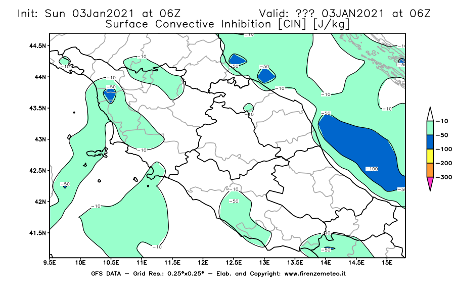 Mappa di analisi GFS - CIN [J/kg] in Centro-Italia
							del 03/01/2021 06 <!--googleoff: index-->UTC<!--googleon: index-->