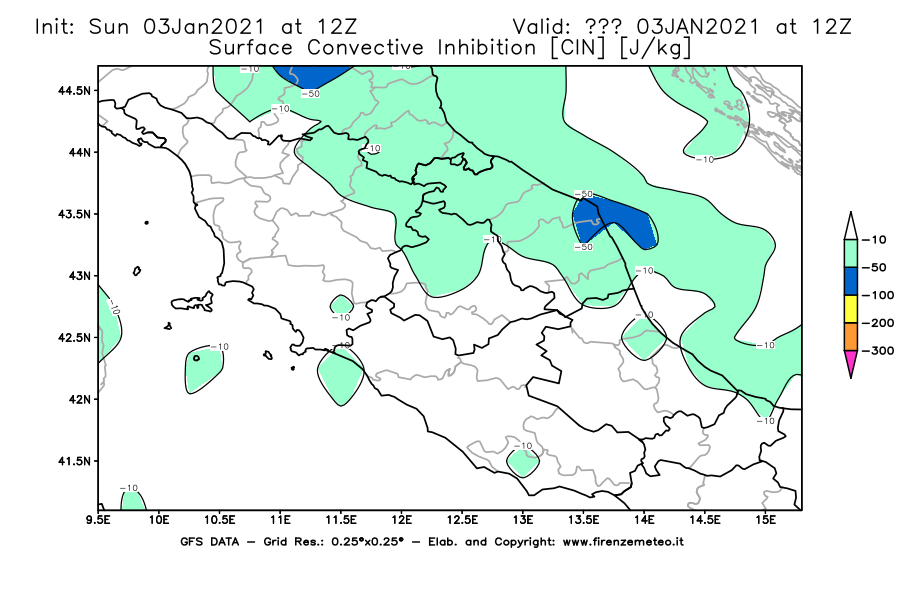 Mappa di analisi GFS - CIN [J/kg] in Centro-Italia
									del 03/01/2021 12 <!--googleoff: index-->UTC<!--googleon: index-->