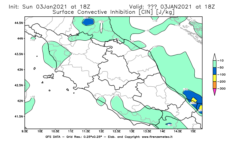 Mappa di analisi GFS - CIN [J/kg] in Centro-Italia
							del 03/01/2021 18 <!--googleoff: index-->UTC<!--googleon: index-->