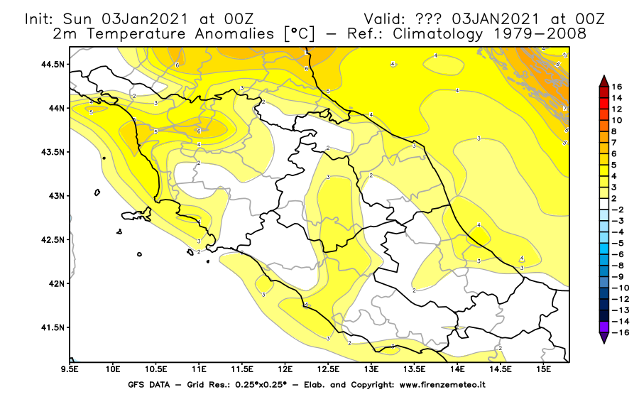 Mappa di analisi GFS - Anomalia Temperatura [°C] a 2 m in Centro-Italia
									del 03/01/2021 00 <!--googleoff: index-->UTC<!--googleon: index-->