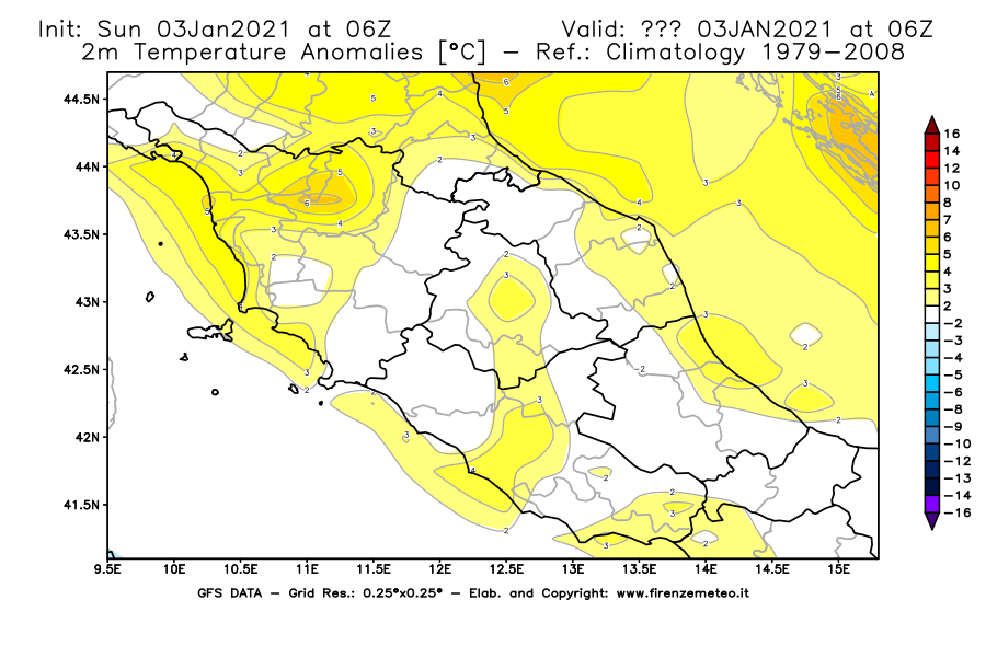 Mappa di analisi GFS - Anomalia Temperatura [°C] a 2 m in Centro-Italia
							del 03/01/2021 06 <!--googleoff: index-->UTC<!--googleon: index-->