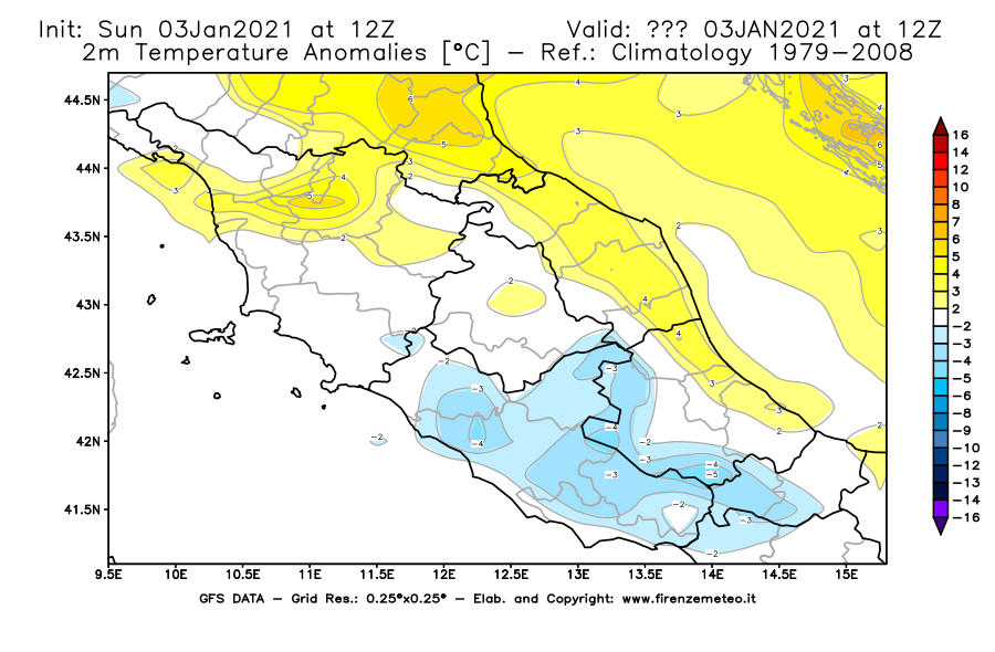 Mappa di analisi GFS - Anomalia Temperatura [°C] a 2 m in Centro-Italia
									del 03/01/2021 12 <!--googleoff: index-->UTC<!--googleon: index-->