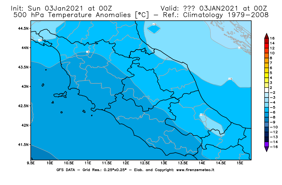 Mappa di analisi GFS - Anomalia Temperatura [°C] a 500 hPa in Centro-Italia
									del 03/01/2021 00 <!--googleoff: index-->UTC<!--googleon: index-->