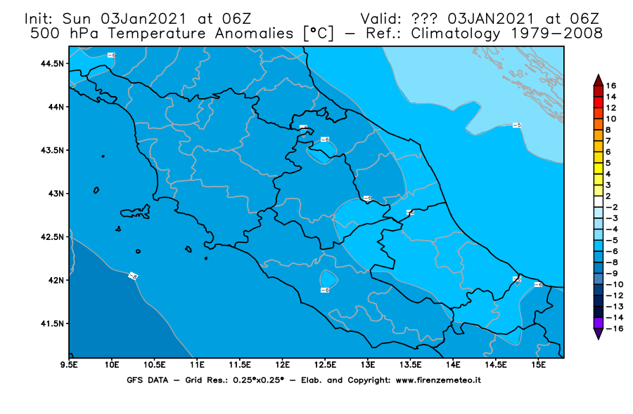 Mappa di analisi GFS - Anomalia Temperatura [°C] a 500 hPa in Centro-Italia
									del 03/01/2021 06 <!--googleoff: index-->UTC<!--googleon: index-->