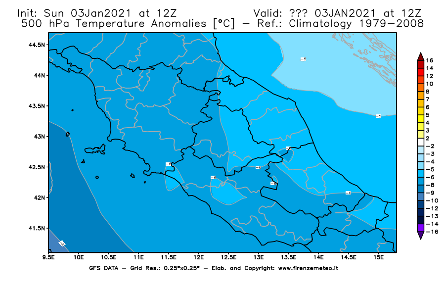 Mappa di analisi GFS - Anomalia Temperatura [°C] a 500 hPa in Centro-Italia
									del 03/01/2021 12 <!--googleoff: index-->UTC<!--googleon: index-->