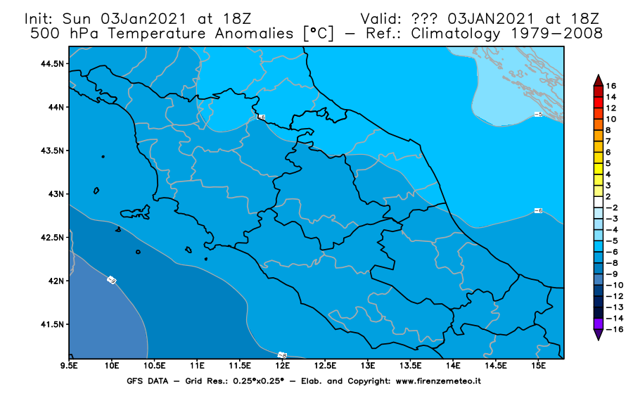 Mappa di analisi GFS - Anomalia Temperatura [°C] a 500 hPa in Centro-Italia
							del 03/01/2021 18 <!--googleoff: index-->UTC<!--googleon: index-->