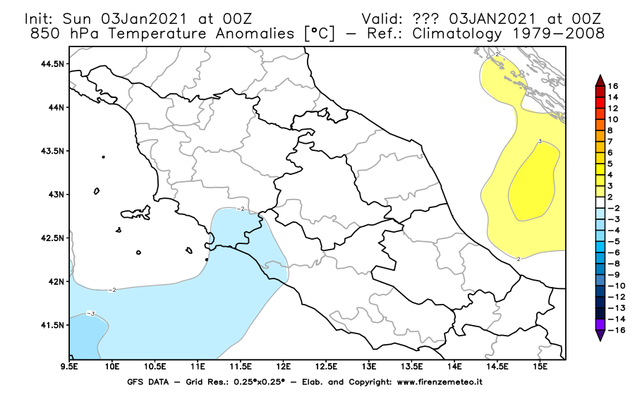 Mappa di analisi GFS - Anomalia Temperatura [°C] a 850 hPa in Centro-Italia
							del 03/01/2021 00 <!--googleoff: index-->UTC<!--googleon: index-->