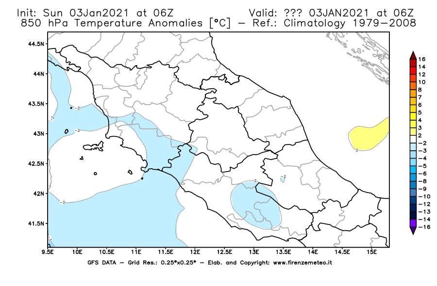 Mappa di analisi GFS - Anomalia Temperatura [°C] a 850 hPa in Centro-Italia
									del 03/01/2021 06 <!--googleoff: index-->UTC<!--googleon: index-->
