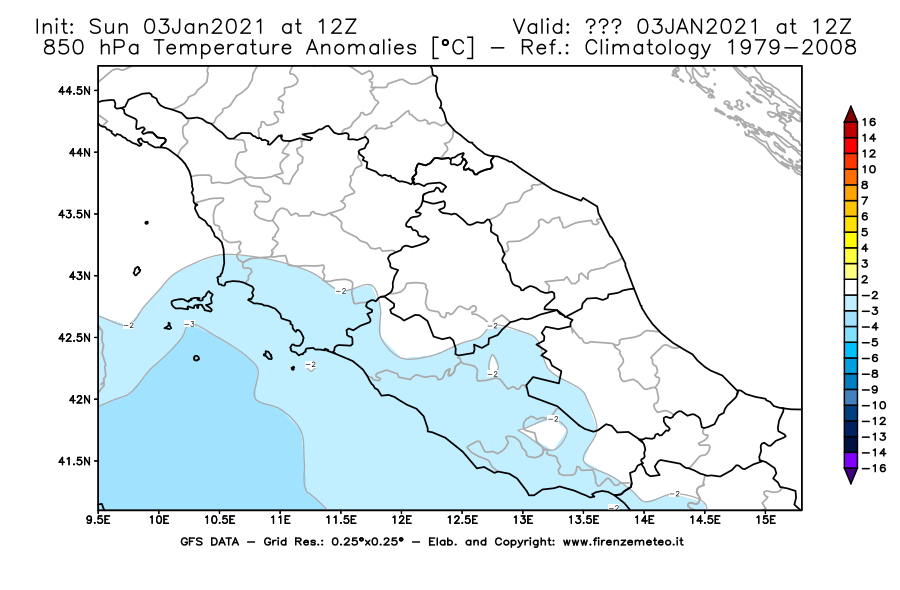 Mappa di analisi GFS - Anomalia Temperatura [°C] a 850 hPa in Centro-Italia
									del 03/01/2021 12 <!--googleoff: index-->UTC<!--googleon: index-->