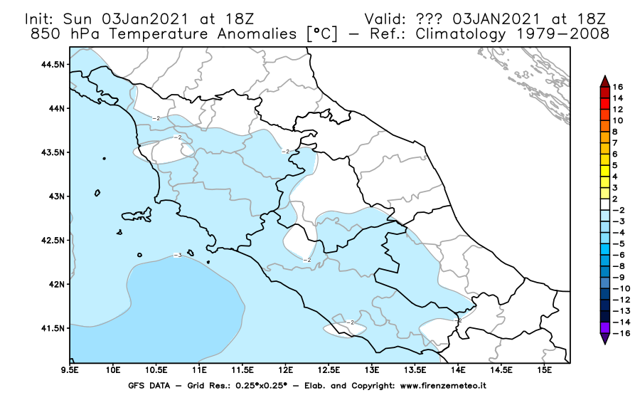 Mappa di analisi GFS - Anomalia Temperatura [°C] a 850 hPa in Centro-Italia
							del 03/01/2021 18 <!--googleoff: index-->UTC<!--googleon: index-->