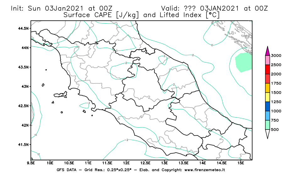 Mappa di analisi GFS - CAPE [J/kg] e Lifted Index [°C] in Centro-Italia
									del 03/01/2021 00 <!--googleoff: index-->UTC<!--googleon: index-->