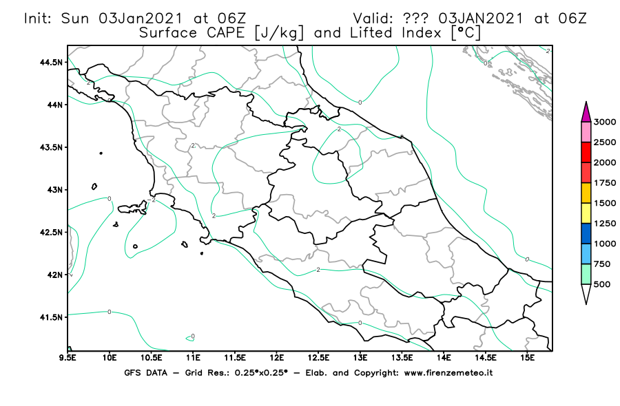 Mappa di analisi GFS - CAPE [J/kg] e Lifted Index [°C] in Centro-Italia
							del 03/01/2021 06 <!--googleoff: index-->UTC<!--googleon: index-->
