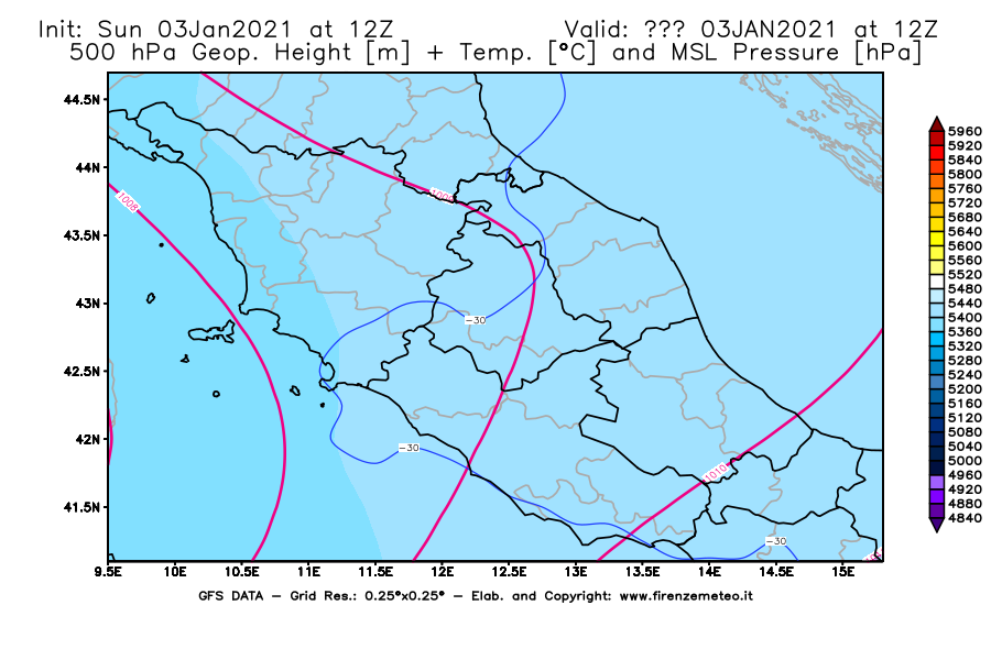 Mappa di analisi GFS - Geopotenziale [m] + Temp. [°C] a 500 hPa + Press. a livello del mare [hPa] in Centro-Italia
									del 03/01/2021 12 <!--googleoff: index-->UTC<!--googleon: index-->