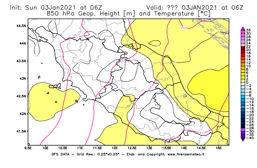 Mappa di analisi GFS - Geopotenziale [m] e Temperatura [°C] a 850 hPa in Centro-Italia
							del 03/01/2021 06 <!--googleoff: index-->UTC<!--googleon: index-->