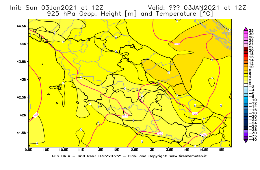 Mappa di analisi GFS - Geopotenziale [m] e Temperatura [°C] a 925 hPa in Centro-Italia
									del 03/01/2021 12 <!--googleoff: index-->UTC<!--googleon: index-->